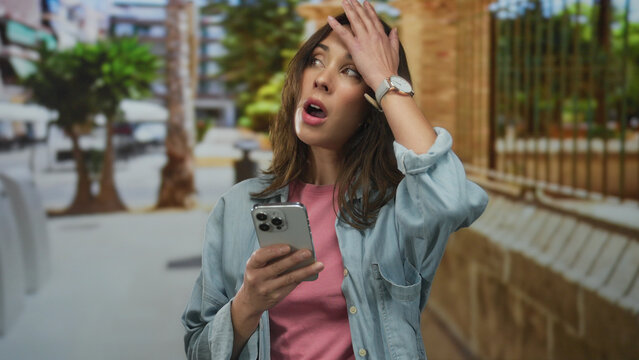 Young hispanic woman texting on smartphone in city street showing mixed emotions amidst urban backdrop