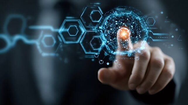 Businessman interacting with a futuristic digital display of hexagonal icons and glowing network connections, symbolizing innovation and management in a digital era