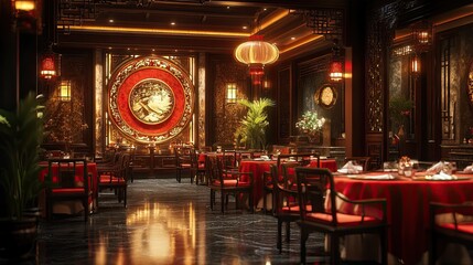 Elegant Chinese restaurant interior with red and gold decor, traditional furniture, and ambient lighting 