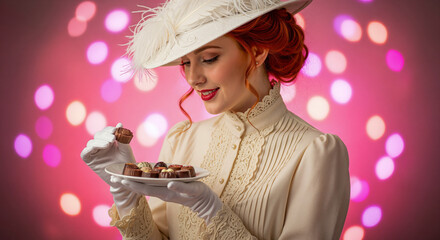 Élégante femme rousse en tenue vintage savourant des chocolats fins sur fond lumineux.