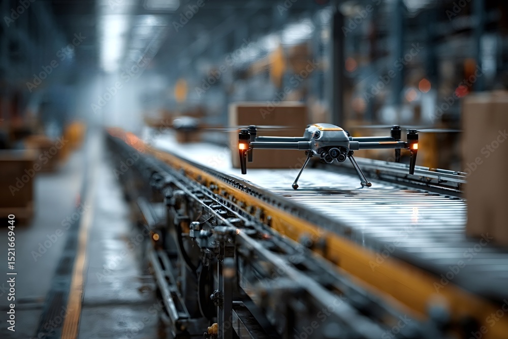 Poster innovative drone technology is transforming logistics by automating package delivery within a modern