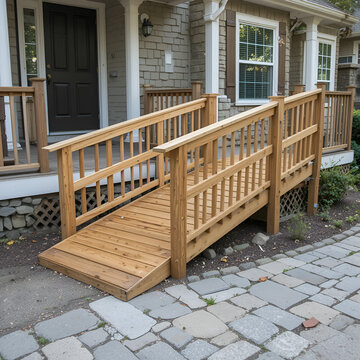 Wooden wheelchair ramp outside a house