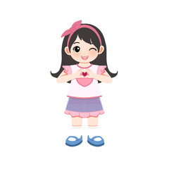 cute pinky girl with finger heart gesture