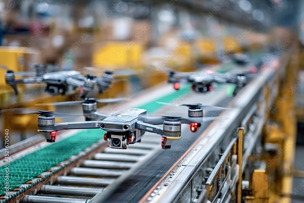 Aufkleber multiple drones hovering over a conveyor belt during a quality control check within a manufacturing 