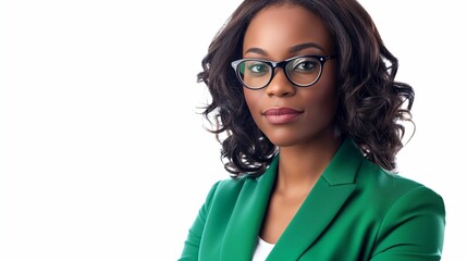 perfectly composed portrait of a businesswoman wearing glasses and a sleek green suit 