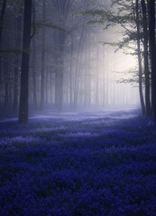 Fototapeta premium Enchanting Bluebell Forest Path - Mystical forest, bluebell meadow, sunlit path, morning mist, tranquil nature. Symbolizes serenity, magic, mystery, hope, and renewal