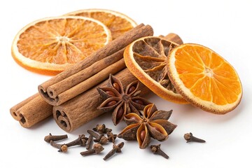 Aromatic spices collection igredients for mulled wine isolated on white background