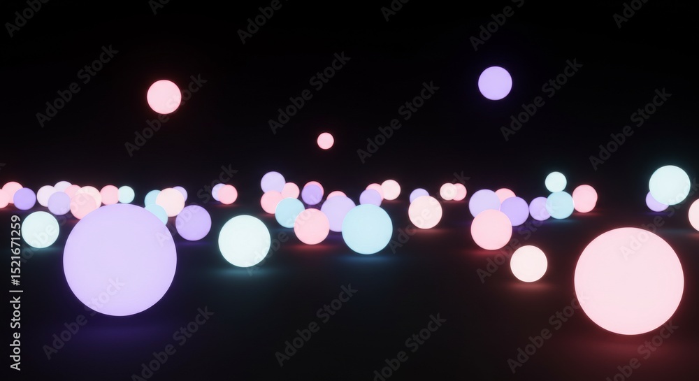 Poster glowing spheres in dark space - abstract of numerous glowing spheres in pastel colors, floating in a