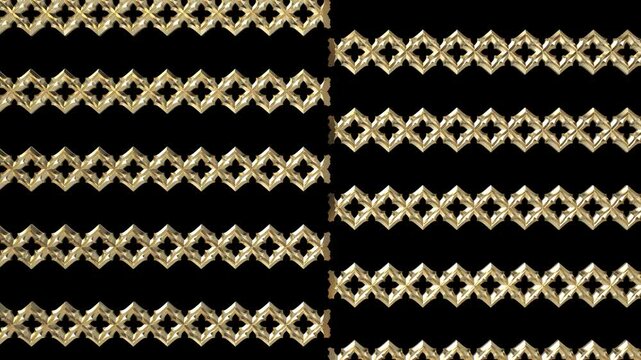 Golden decorative gothic pattern gradually appears isolated on black. 3d animation