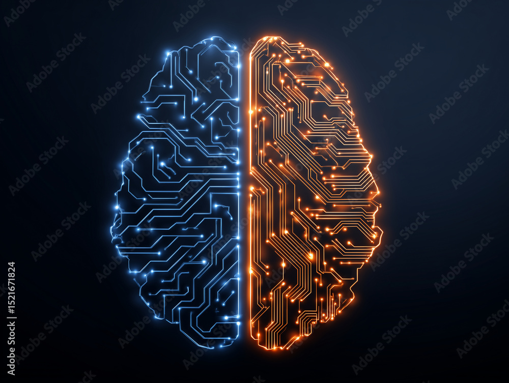 Poster digital brain illustration showcasing split design with one half in blue and other in orange, repres