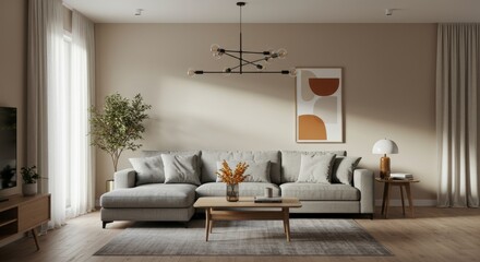 Modern Sectional Sofa Living Room Design  - Calm, minimalist living room. Neutral color palette. Modern sectional sofa, wooden coffee table. Natural light fills the space. Peaceful ambiance