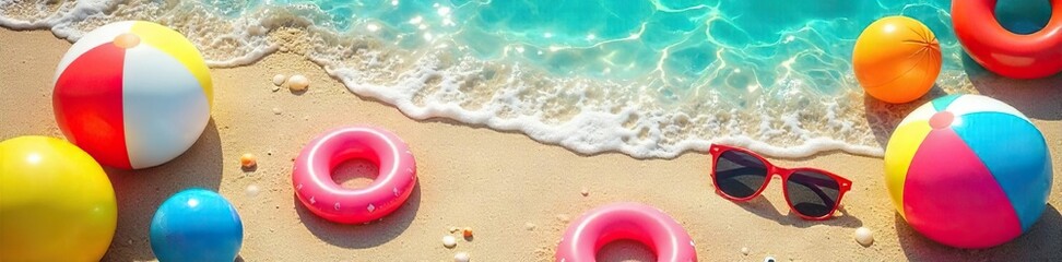 Obraz premium A vibrant summer scene featuring bright, colorful beach balls, sunglasses, and inflatable rings scattered on a sunny beach, perfect for vacation or summer fun imagery , outdoor, ocean, sun