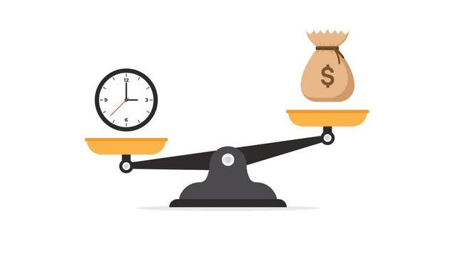 4k Animation of money bag and time balancing on scales, depicting the concept of finance and investment in the long term