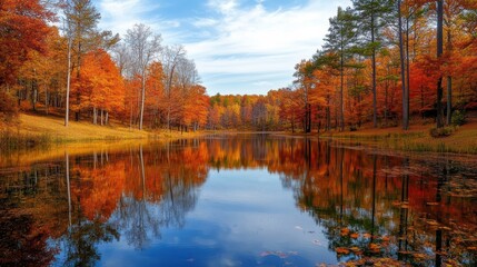 Fototapeta premium A peaceful lake surrounded by autumn-colored trees, with the still water reflecting the vibrant oranges, reds, and yellows