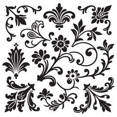 Seamless vintage floral pattern with ornate leaves and scroll design in black silhouette style