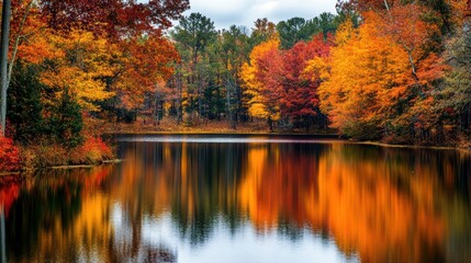 Fototapeta premium A peaceful lake surrounded by autumn-colored trees, with the still water reflecting the vibrant oranges, reds, and yellows