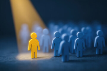 Yellow leader among blue 3d human figures under spotlight on dark surface