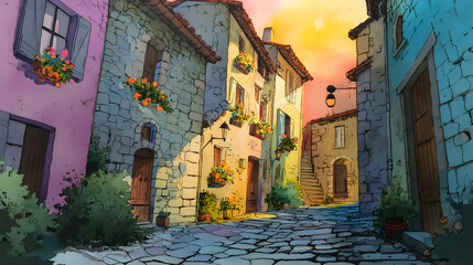 Cartoon cobblestone street in an old village watercolor