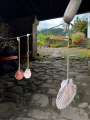 scallops hanging on threads in front of a road into the garden in portugal on the camino de...