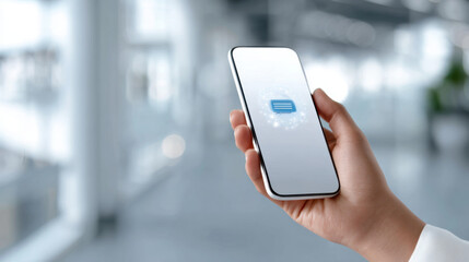 Person holds smartphone displaying digital interface with chat icon, symbolizing modern communication technology in bright, futuristic setting