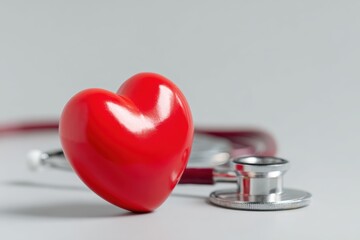 Red heart and stethoscope placed on a light background with empty space, symbolizing love, health, and medical care