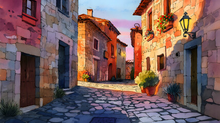 Cartoon cobblestone street in an old village watercolor