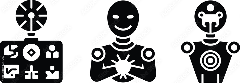 Poster three robot icons displayed in a row showing different designs and styles on a white background plan