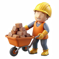 3d cartoon construction worker with wheelbarrow isolated on transparent background