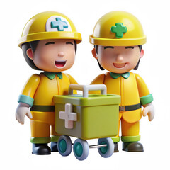 Two cute cartoon paramedics with first aid cart isolated on transparent background