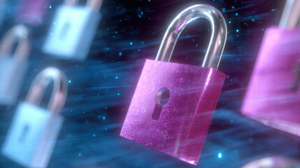 Series of pink padlocks float in digital space, symbolizing cybersecurity and secure data storage. locks are surrounded by dynamic, blue background, suggesting data flow