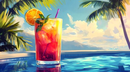Detailed digital illustration capturing a vibrant summer poolside moment with a refreshing tropical cocktail exploding with vivid colors and intricate flavor details using generative AI techniques