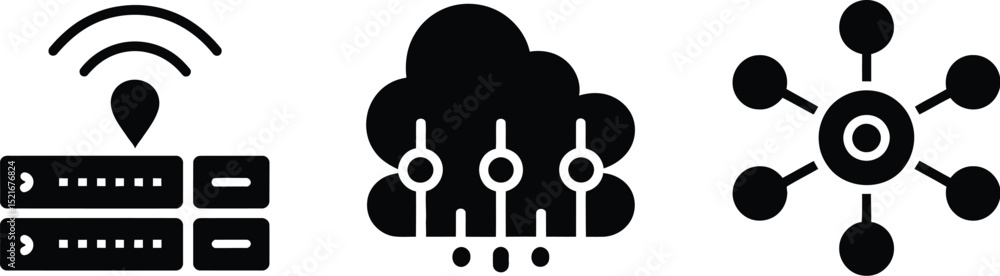 Poster a set of three black and white icons depicting a server with wifi a cloud and a network connection