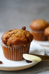 Raisin bran muffins - healthy eating concept, selective focus