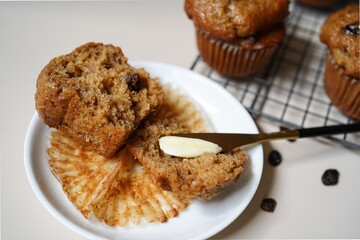 Raisin bran muffins - healthy eating concept, selective focus