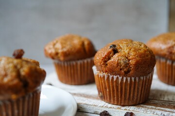 Raisin bran muffins - healthy eating concept, selective focus