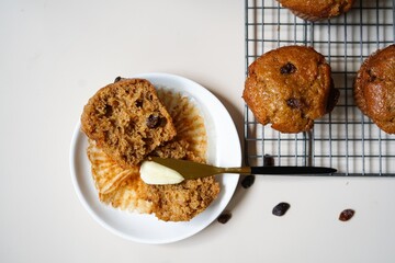 Raisin bran muffins - healthy eating concept, selective focus