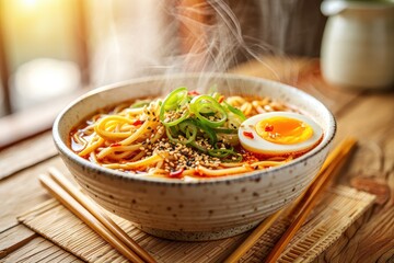 Steaming Hot Ramen Bowl with Eggs, Noodles, and Green Onions, Rustic Wooden Table Background, Warm Lighting, Ideal for Food Menus, Asian Cuisine Promotions, and Comfort Food Concepts