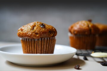 Raisin bran muffins - healthy eating concept, selective focus