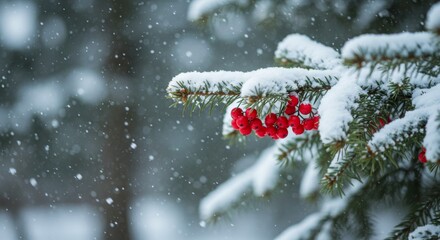 Snow Covered Evergreen Branch with Vibrant Red Berries - Winter wonderland scene, symbolizing peace, hope, nature's resilience, festive joy, and the beauty of winter