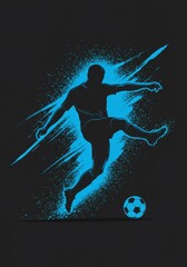 Soccer Player in Action - Silhouette of a soccer player kicking a ball, dynamic pose, blue splash effect, dark background