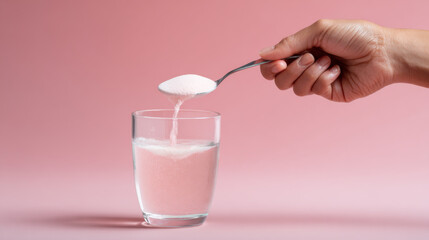 Hand is pouring collagen powder into glass of water against pink background, creating smooth blend