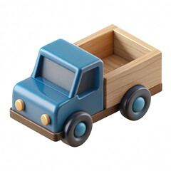 Blue toy truck with wooden bed isolated on transparent background