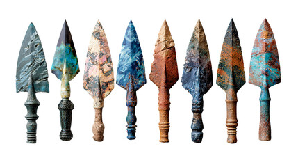 A collection of ancient spearheads, showcasing different styles and textures.