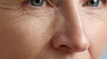 Fototapeta premium Close up image of mature skin shows detailed texture, highlighting fine lines and sun damage. focus is on nose and eye area, emphasizing natural aging