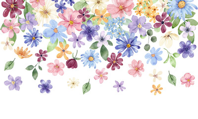 Flowers border drop, watercolor hand drawing. Floral background for greeting cards, wedding invitations, poster.