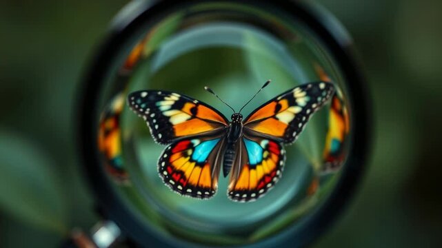 butterfly on flower under magnifying glass, insect, plant, nature, macro video, colorful wings, entomology