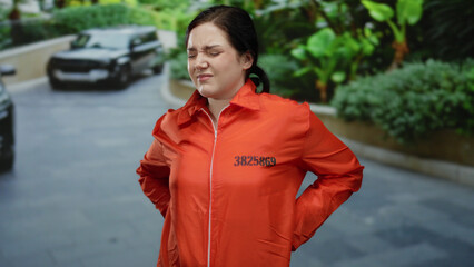 Woman in orange jumpsuit outside in street setting showing discomfort, standing with hand on back,...