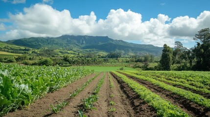 Obraz premium Serene Farmland Landscape with Mountain Views