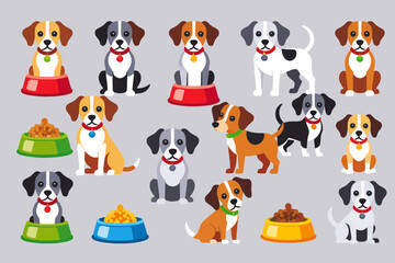 Naklejka premium Cute Cartoon Dog Breed Illustration-Adorable Puppy Clipart with Dog Food Bowls-Playful Pet Vector Graphics-Perfect for Dog Lovers and Children's Designs