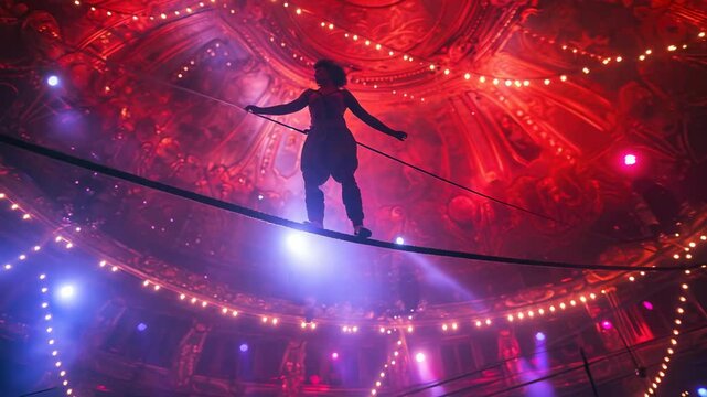 tightrope walker walks on a rope under the circus dome, view from below on an acrobat, equilibrist, show, performances, spotlights
